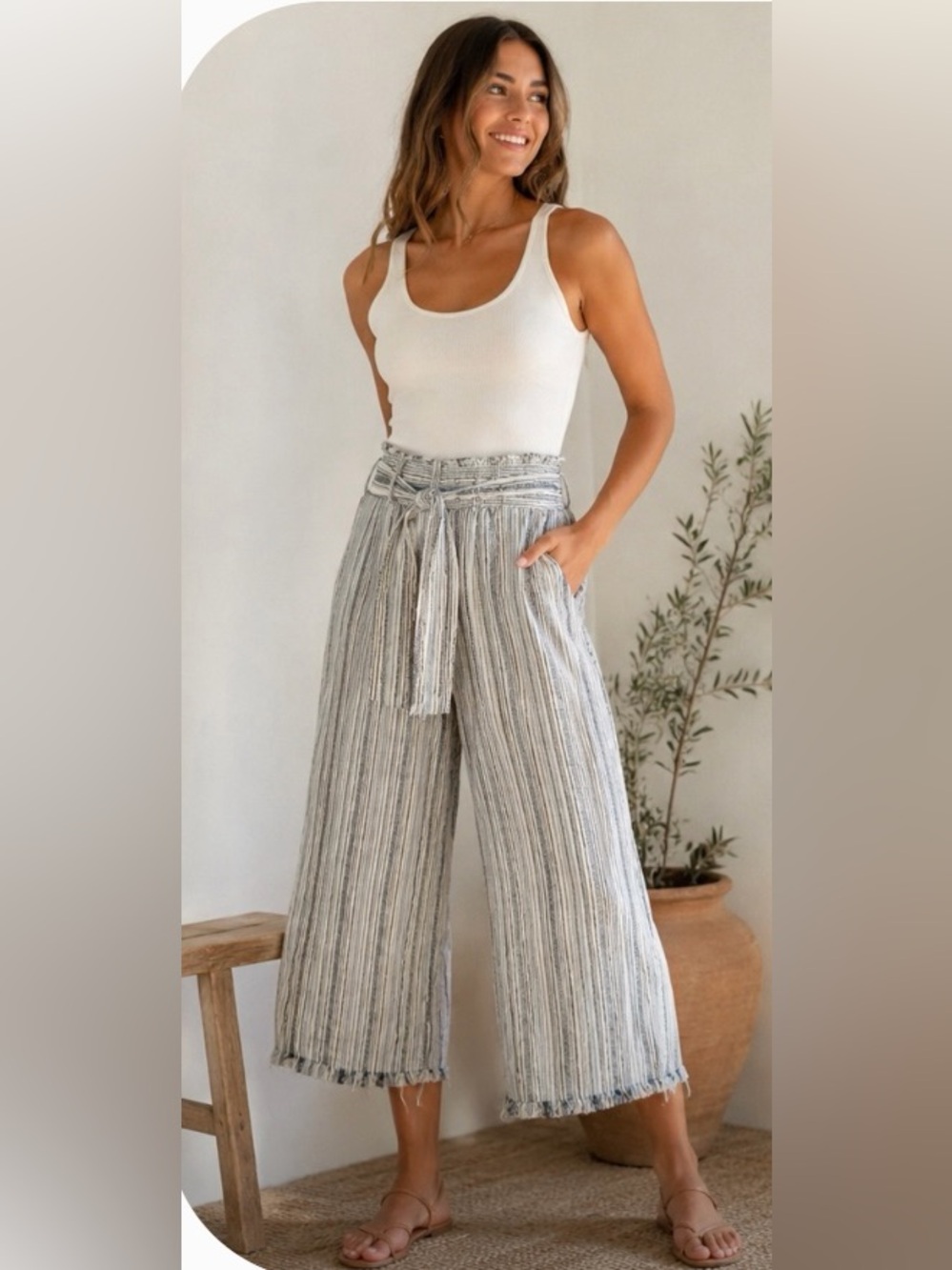 Cloth & Stone Linen Blend Paperbag Waist Wide Leg Crop Pants Striped Small Boho